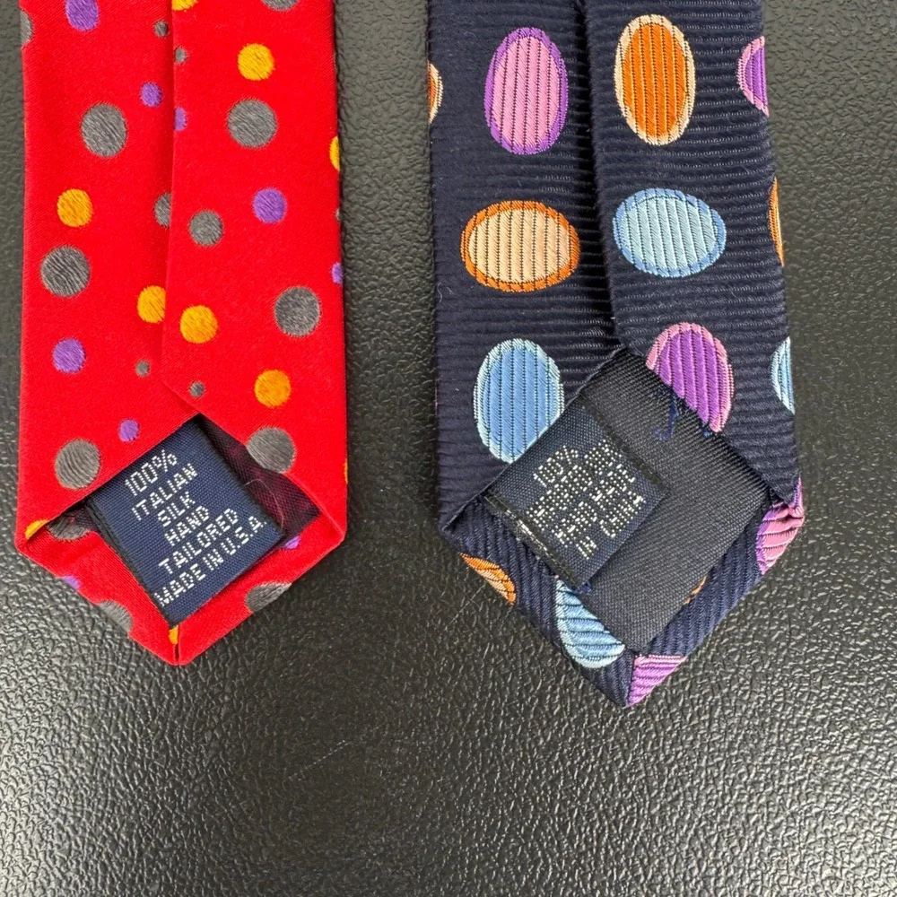 Paul Fredrick Mens Silk Tie Lot 2 Polka Dot Red Navy Blue Geometric Professional